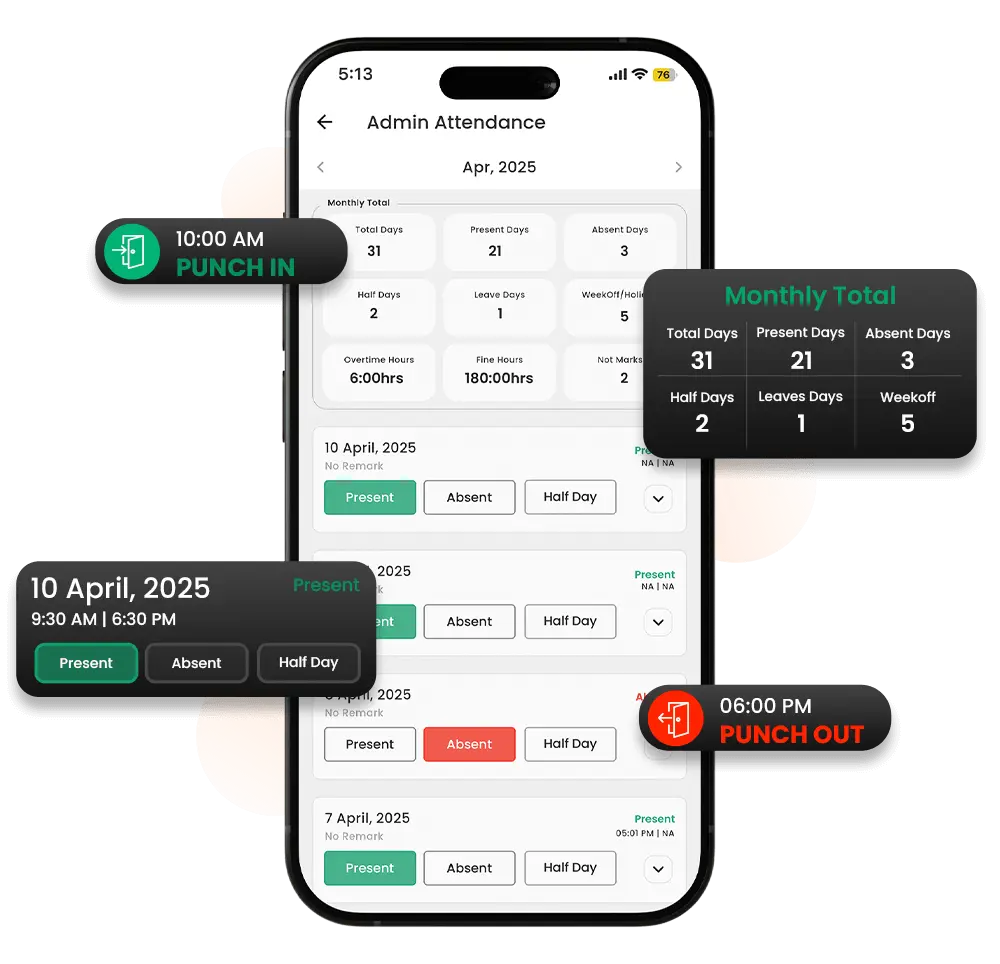 mobile dashboard showing employee attendance, punch in and punch out times, and monthly attendance summary