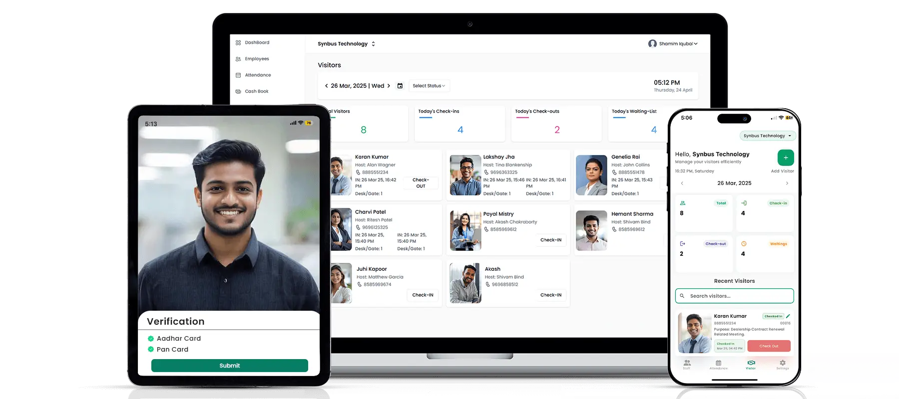Digital visitor management dashboard showing pre-registration, real-time arrival tracking, badge issuance, and workplace access control