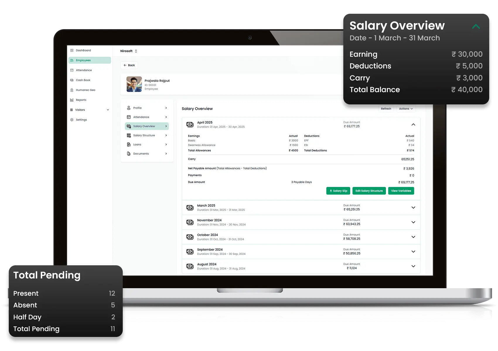 Dashboard showing smart staff attendance tracking with AI-powered field staff location, biometric clock-ins, and geo-fenced compliance
